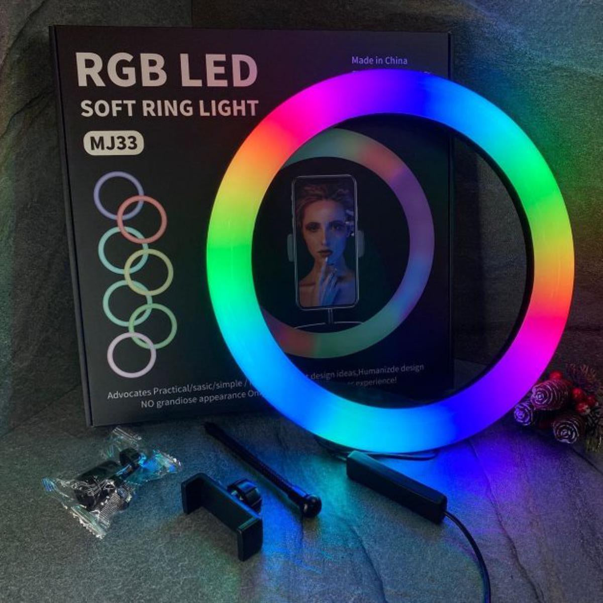 MJ33 13" RGB LED Ring Light – Multi-Color Rainbow & Off-White Light with Phone Clip (Without Stand)