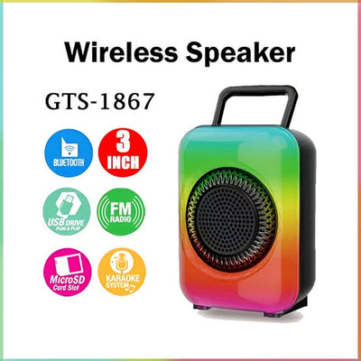 GTS-1867 Mini Portable 3-Inch Wireless Speaker – Rechargeable with Flame Lighting Effect