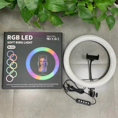 MJ33 13" RGB LED Ring Light – Multi-Color Rainbow & Off-White Light with Phone Clip (Without Stand)